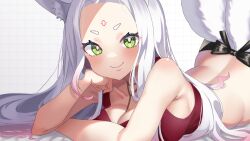 Rule 34 | 1girl, animal ears, armpit crease, bare shoulders, bed sheet, blush, breasts, closed mouth, commentary, commission, facial mark, forehead, forehead mark, fox ears, fox tail, green eyes, grid background, hand on own cheek, hand on own face, head rest, highres, inari enju, indie virtual youtuber, large breasts, long hair, looking at viewer, lying, midriff, mis705313, official alternate costume, on stomach, simple background, skeb commission, sleeveless, smile, solo, tail, thick eyebrows, v-shaped eyebrows, virtual youtuber, white background, white hair