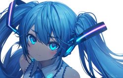 Rule 34 | 1girl, aqua eyes, aqua hair, bare shoulders, blue eyes, blue hair, blush, closed mouth, detached sleeves, from above, hatsune miku, headphones, headset, long hair, looking at viewer, necktie, ryota (ry o ta), sleeveless, solo, twintails, vocaloid