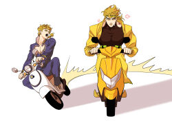 Rule 34 | 2boys, absurdres, blonde hair, braid, dio brando, driving, father and son, giorno giovanna, headband, highres, huang lia, jojo no kimyou na bouken, long hair, looking at another, male focus, motor vehicle, multiple boys, muscular, muscular male, on scooter, open mouth, pants, scooter, stardust crusaders, vento aureo, yellow eyes, yellow pants