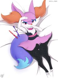 Rule 34 | 1girl, absurdres, alternate color, alternate shiny pokemon, animal ear fluff, animal ears, animal hands, animal nose, arm up, armpits, artist name, black fur, black pantyhose, blue eyeshadow, blue hair, body fur, braixen, breasts, closed mouth, clothed pokemon, collar, commission, creatures (company), crystal, dakimakura (medium), dated, dutch angle, eryz, eyeshadow, female focus, fishnet pantyhose, fishnets, fox ears, fox girl, fox tail, from above, full body, furry, furry female, game freak, gem, gen 6 pokemon, gluteal fold, half-closed eyes, hand up, happy, highres, jpeg artifacts, looking at viewer, lying, makeup, multicolored hair, multicolored shirt, nintendo, on back, pantyhose, pink eyes, pokemon, pokemon (creature), purple fur, purple hair, red gemstone, shirt, short hair, signature, simple background, sleeveless, sleeveless shirt, small breasts, smile, solo, spiked collar, spikes, striped clothes, striped shirt, swept bangs, sword, tail, thigh gap, twitter username, two-tone hair, watermark, weapon, white background, white fur