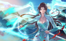 Rule 34 | 1girl, absurdres, artist request, blood, blood on face, blue dress, blue sky, brown hair, closed mouth, collared dress, doupo cangqiong, dress, earrings, energy, energy sword, energy wings, expressionless, hair bun, hair ornament, highres, holding, holding sheath, jewelry, long hair, long sleeves, mountain, second-party source, sheath, sky, solo, sword, upper body, weapon, yun yun (doupo cangqiong)