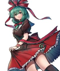 Rule 34 | 1girl, brown footwear, closed mouth, commentary request, cowboy shot, dress, frilled ribbon, frilled skirt, frilled sleeves, frills, gradient dress, green hair, hair between eyes, hair ribbon, highres, kagiyama hina, long hair, looking at viewer, puffy short sleeves, puffy sleeves, red dress, red eyes, red ribbon, ribbon, shishui guima, short sleeves, simple background, skirt, skirt hold, smile, solo, touhou, white background