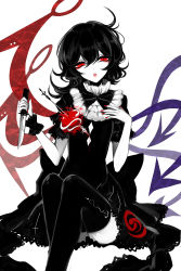 Rule 34 | 1girl, absurdres, apple, arrow (projectile), asymmetrical wings, bad id, bad pixiv id, black dress, black hair, black thighhighs, bow, commentary request, dress, food, frills, fruit, greyscale, hair between eyes, hand on own chest, highres, holding, holding knife, houjuu nue, knife, limited palette, looking at viewer, monochrome, nail polish, open mouth, pixelated, puffy short sleeves, puffy sleeves, red nails, sheya, short hair, short sleeves, simple background, sitting, snake, solo, spot color, thighhighs, thighs, touhou, white background, wings, wrist cuffs