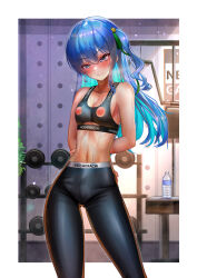 Rule 34 | 1girl, absurdres, armpits, arms behind back, blue eyes, blue hair, blush, border, bottle, breasts, breath, character name, cleavage, closed mouth, collarbone, commentary, earrings, exercise machine, feet out of frame, green ribbon, grey eyes, gym, hair ornament, hair ribbon, highres, hololive, hoshimachi suisei, indoors, jagoo, jewelry, long hair, multicolored hair, nipple cutout, nipples, official alternate hair length, official alternate hairstyle, pants, plant, ribbon, small breasts, sports bra, sportswear, star (symbol), star hair ornament, star in eye, stomach, sweat, symbol in eye, two-tone hair, variant set, virtual youtuber, water bottle, weights, white border