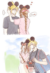 Rule 34 | ..., 1boy, 1girl, absurdres, aerith gainsborough, alternate costume, ancotsubu, artist name, bag, blonde hair, blush, bow, braid, braided ponytail, breasts, brown hair, casual, cloud strife, couple, cowboy shot, final fantasy, final fantasy vii, final fantasy vii remake, grey shirt, hair between eyes, hair bow, hair ribbon, hand on another&#039;s head, heart, hetero, highres, holding, holding phone, long hair, looking ahead, looking at another, looking to the side, medium breasts, mickey mouse ears, multiple views, outdoors, parted bangs, phone, pink ribbon, pink shirt, red bow, ribbon, shirt, short hair, short sleeves, shoulder bag, sidelocks, skirt, spiked hair, t-shirt, twitter username, upper body, wavy hair, white skirt