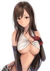 Rule 34 | 1girl, blouse, breasts, clothes lift, final fantasy, final fantasy vii, large breasts, lifting own clothes, long hair, nannacy7, naughty face, no bra, shirt, shirt lift, simple background, skirt, smile, solo, suspender skirt, suspenders, tank top, tifa lockhart, underboob, white background, white shirt