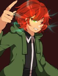 Rule 34 | 1jumangoku, 1other, androgynous, black shirt, check commentary, collared shirt, commentary, commentary request, fingernails, glowing, glowing eye, green eyes, green jacket, heterochromia, highres, hood, hood down, hooded jacket, jacket, len&#039;en, long sleeves, open clothes, open jacket, open mouth, pointing, pointing up, red background, red eyes, red hair, shirt, shitodo hooaka, short hair, smile, teeth, upper body, v-shaped eyebrows, white trim
