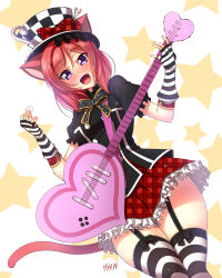 Rule 34 | 1girl, :d, animal ears, blush, bow, cat ears, cat tail, cosplay, crossover, cup, cyan (show by rock!!), cyan (show by rock!!) (cosplay), dated, dutch angle, fang, fingerless gloves, garter straps, gloves, guitar, happy, hat, heart, highres, instrument, looking at viewer, love live!, love live! school idol project, nishikino maki, open mouth, plaid, plaid skirt, purple eyes, red hair, ribbon, short hair, short sleeves, show by rock!!, skirt, smile, solo, star (symbol), starry background, strawberry heart (show by rock!!), striped clothes, striped gloves, striped thighhighs, tail, teacup, thighhighs, top hat, yu-ta