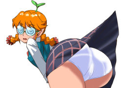 Rule 34 | 10s, 1girl, ass, bent over, braid, clothes lift, coke-bottle glasses, freckles, freckles (space dandy), glasses, long hair, looking at viewer, looking back, md5 mismatch, nekuneku, orange hair, panties, plaid, plaid skirt, plant, plant on head, pointy ears, school uniform, simple background, skirt, skirt lift, solo, space dandy, surprised, thighs, trefoil, twin braids, underwear, upskirt, white background, white panties, wind, wind lift