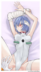 Rule 34 | 1boy, 1girl, adapted costume, age difference, armpits, arms up, ayanami rei, bandage over one eye, bandaged head, bandaged leg, bandages, bare shoulders, bdsm, bed sheet, blue hair, blush, bondage, bound, bound wrists, breasts, cast, clenched hand, closed mouth, covered erect nipples, cowboy shot, crotch, embarrassed, eyepatch, from above, gloves, groin, hair between eyes, halterneck, hetero, highleg, highleg leotard, highres, ikari gendou, indoors, kegadoru, leotard, long sleeves, looking away, looking to the side, lying, neon genesis evangelion, on back, on bed, pale skin, pilot suit, plugsuit, raised eyebrows, red eyes, royalwatts, short hair, skinny, small breasts, solo focus, spread legs, sweat, thigh grab, thighs, turtleneck, white gloves, white leotard