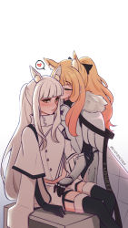 Rule 34 | 2girls, absurdres, animal ears, arknights, arm guards, armor, black bow, black footwear, black gloves, blemishine (arknights), blonde hair, blunt bangs, blush, boots, bow, brown eyes, closed eyes, closed mouth, elbow gloves, embarrassed, extra ears, fur collar, garter straps, gloves, grey hair, hair bow, heart, high collar, highres, horse ears, kirie kyrye, kiss, long hair, long sleeves, multiple girls, pauldrons, platinum (arknights), ponytail, revealing clothes, shorts, shoulder armor, sidelocks, simple background, sitting, speech bubble, spoken heart, thigh boots, twitter username, very long hair, white background, white shorts