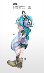 Rule 34 | 1girl, alternate costume, ange-yi, aqua hair, bandana, blue eyes, blue shorts, braid, dolphin shorts, english text, from side, green bandana, headphones, highres, inkling, inkling girl, inkling player character, leaning back, long hair, nintendo, shirt, shorts, simple background, single braid, solo, splatoon (series), squid, suction cups, tentacle hair, white background, white shirt