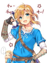 Rule 34 | 1boy, 1girl, :d, = =, ?, \m/, bad id, bad pixiv id, bandages, blonde hair, blue eyes, blush, earrings, closed eyes, fingerless gloves, gloves, hand on own hip, jewelry, link, looking at viewer, nintendo, open mouth, pointy ears, princess zelda, short sleeves, simple background, smile, speech bubble, star (symbol), sweat, sweatdrop, sword, text focus, the legend of zelda, the legend of zelda: breath of the wild, vambraces, weapon, white background