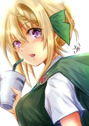 Rule 34 | 1girl, badge, blonde hair, blue necktie, braid, braided bangs, braided bun, cape, commentary request, dress shirt, drink, drinking straw, green cape, green vest, hair bun, highres, kantai collection, looking at viewer, mizuya chiharu, necktie, one-hour drawing challenge, open mouth, perth (kancolle), school uniform, shirt, short hair, signature, simple background, solo, tumbler, upper body, vest, white background, white shirt