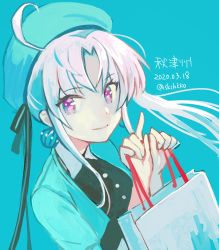 Rule 34 | 1girl, ahoge, akitsushima (kancolle), bag, blue background, blue hat, blue jacket, character name, closed mouth, dated, hair ornament, hat, holding, jacket, kantai collection, kasumi (skchkko), looking at viewer, pink hair, purple eyes, signature, simple background, smile, solo, twitter username, upper body