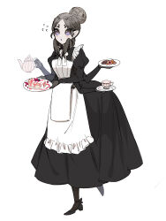 Rule 34 | 1girl, apron, arthropod girl, arthropod limbs, bachikin (kingyo155), berry, black dress, bug, commentary request, cup, dress, extra arms, extra eyes, food, grey hair, highres, holding, holding plate, holding teapot, insect girl, maid, monster girl, original, pancake, plate, simple background, solo, spider, spider girl, teacup, teapot, white apron, white background
