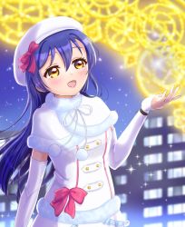 Rule 34 | 1girl, artist name, artist request, blue hair, blush, bow, breasts, city, city lights, elbow sleeves, female focus, fingerless gloves, fur-trimmed jacket, fur collar, fur trim, gloves, hair between eyes, hat, highres, jacket, long hair, looking at viewer, love live!, love live! school idol project, night, night sky, outdoors, pants, pants under skirt, parted lips, pink bow, pom pom (clothes), red bow, shirt, shorts, skirt, sky, small breasts, smile, snow halation, solo, sonoda umi, sparkle, star (sky), white hat, white jacket, white pants, white shirt, white skirt, yellow eyes