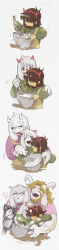Rule 34 | 1girl, 1other, 2boys, ^ ^, absurdres, androgynous, animal ears, apron, artist name, asgore dreemurr, beard, black eyes, blonde hair, bowl, child, closed eyes, colored skin, corogarucoromo, deltarune, facial hair, fake horns, family, fewer digits, furry, furry female, furry male, glasses, goat boy, goat ears, goat girl, goat horns, green sweater, hairband, hand on another&#039;s shoulder, highres, holding, holding whisk, horn hairband, horns, kris (deltarune), long image, long sleeves, motion blur, motion lines, multiple boys, open mouth, pink shirt, purple-framed eyewear, ralsei, red hairband, round eyewear, sequential, shaded face, shirt, signature, simple background, smile, stirring, sweater, tall image, toriel, upper body, whisk, white background, yellow apron, yellow skin