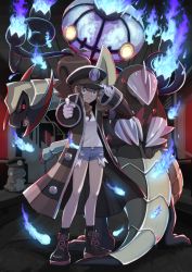 Rule 34 | 1girl, absurdres, black coat, black footwear, black headwear, black legwear, blue fire, boots, chandelure, closed mouth, coat, commentary request, cosplay, creatures (company), excadrill, fire, frown, game freak, gen 5 pokemon, gloves, hand on headwear, hat, haxorus, highres, hilda (pokemon), ingo (pokemon), ingo (pokemon) (cosplay), long sleeves, nintendo, open clothes, open coat, pokemoa, pokemon, pokemon bw, shirt, short shorts, shorts, socks, standing, striped, striped coat, substitute (pokemon), white gloves, white shirt