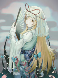 Rule 34 | 1girl, absurdres, alternate color, alternate costume, alternate eye color, alternate headwear, blonde hair, blue bow, bow, breasts, brown eyes, cloud print, cowboy shot, dress, dress bow, egasumi, floral print, folding fan, frilled dress, frills, from behind, gap (touhou), googerm, gradient background, grey background, hair bow, hand fan, highres, light smile, long hair, long sleeves, looking at viewer, looking back, medium breasts, no hair bow, obi, parted lips, pink lips, puffy long sleeves, puffy sleeves, purple sash, red eyes, sash, sidelocks, solo, touhou, veil, very long hair, white dress, white headwear, wide sleeves, yakumo yukari