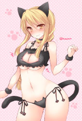 Rule 34 | 1girl, agrias oaks, animal ears, bell, neck bell, black panties, blonde hair, blush, breasts, cat cutout, cat ear panties, cat ears, cat lingerie, cat tail, choker, cleavage, cleavage cutout, clenched teeth, clothing cutout, final fantasy, final fantasy tactics, jingle bell, long hair, meme attire, navel, panties, pink background, pocopoco, polka dot, polka dot background, side-tie panties, solo, tail, tears, teeth, translation request, underboob, underwear