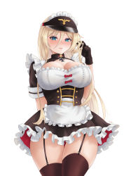 Rule 34 | 1girl, absurdres, alternate costume, apron, arm behind back, azur lane, bismarck (azur lane), black dress, black gloves, black thighhighs, blonde hair, blue eyes, blush, breasts, cleavage, closed mouth, collared dress, cowboy shot, cross, dress, enmaided, frilled apron, frilled dress, frills, garter straps, gloves, hair between eyes, highres, iron cross, large breasts, long hair, looking at viewer, maid, maid apron, maid headdress, playing with own hair, short sleeves, sidelocks, simple background, skindentation, solo, standing, thighhighs, visor cap, white apron, white background, whitter
