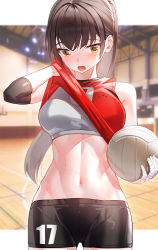 Rule 34 | 1girl, arm up, ball, bandaged arm, bandages, bare shoulders, black hair, black shorts, blurry, blurry background, blush, breasts, brown hair, clothes lift, depth of field, elbow pads, gym, highres, holding, holding ball, indoors, kfr, large breasts, lifted by self, long hair, looking at viewer, midriff, navel, open mouth, orange eyes, original, outside border, ponytail, shirt lift, short shorts, shorts, sleeveless, solo, sports bra, sportswear, stomach, sweat, toned, very long hair, volleyball, volleyball (object), volleyball uniform, yellow eyes
