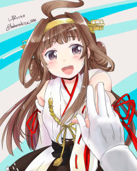 Rule 34 | 10s, 1girl, :d, ahoge, blush, brown hair, detached sleeves, gloves, hair rings, headgear, kantai collection, kongou (kancolle), long hair, long sleeves, lr hijikata, nontraditional miko, open mouth, out of frame, pov, pov hands, purple eyes, ribbon-trimmed sleeves, ribbon trim, smile, solo focus, twitter username, upper body