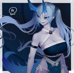 Rule 34 | 1girl, arm strap, blue dress, blue eyes, blue horns, breasts, chain, cleavage, colored skin, dress, elatius the anchorwielder, fangs, fangs out, grey skin, highres, horns, large breasts, looking to the side, oni horns, original, pixiv fantasia, pixiv fantasia revenge of the darkness, solo, tail, twintails, uusquid, v-shaped eyebrows