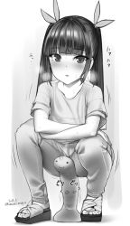 Rule 34 | 1girl, blunt bangs, blush, crossed arms, dildo, dildo riding, greyscale, grinding, hair ribbon, kanzaki muyu, long hair, looking at viewer, monochrome, original, parted lips, ribbon, sandals, sex toy, short sleeves, smiley face, solo, squatting, sweatdrop, twintails