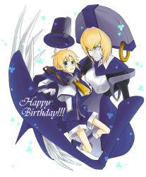 Rule 34 | 1boy, 1girl, android, arc system works, blazblue, blazblue: calamity trigger, blonde hair, blue eyes, breasts, cape, carl clover, claws, collair (cono), glasses, gloves, happy birthday, hat, large breasts, nirvana (blazblue), round eyewear, short hair, shorts, top hat, white gloves, zipper