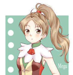 Rule 34 | 1girl, bell, blush, brown eyes, brown hair, character name, closed mouth, expressionless, gensou suikoden, gensou suikoden ii, green background, highres, long hair, looking at viewer, meg (suikoden), shirt, sleeveless, sleeveless shirt, solo, umikamome (pixiv40804077), upper body