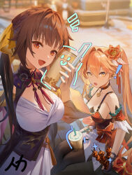 Rule 34 | 2girls, black choker, black pantyhose, blurry, blurry background, blush, braid, breasts, brown hair, bubble tea, chinese clothes, choker, cleavage, collarbone, commentary, cup, detached sleeves, disposable cup, drawn smile, dress, drink, drinking straw, face filter, flower, food, guinaifen (honkai: star rail), hair flower, hair ornament, high ponytail, highres, holding, holding drink, holding food, holding skewer, honkai: star rail, honkai (series), large breasts, looking at viewer, multiple girls, open mouth, orange eyes, orange hair, outdoors, pantyhose, red dress, renlili, selfie, short sleeves, sitting, skewer, standing, sushang (honkai: star rail), white dress, yellow eyes, yellow sleeves