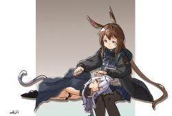 Rule 34 | 2girls, amiya (arknights), animal ear fluff, animal ears, arknights, black gloves, black jacket, black pantyhose, blue eyes, blue skirt, brown hair, cat ears, cat girl, cat tail, closed eyes, closed mouth, feet out of frame, fingerless gloves, gloves, grey hair, harukan tiusu, highres, hood, hood down, hooded jacket, jacket, knees up, lap pillow, long hair, long sleeves, low ponytail, lying, multiple girls, on side, open clothes, open jacket, pantyhose, pleated skirt, ponytail, puffy long sleeves, puffy sleeves, rabbit ears, rosmontis (arknights), signature, skirt, smile, socks, tail