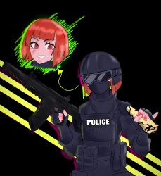 Rule 34 | 1girl, absurdres, artist request, balaclava, character request, fingerless gloves, food, gloves, goggles, helltaker, helmet, highres, pancake, police, police uniform, policewoman, red eyes, red hair, solo, source request, swat, tactical clothes, uniform