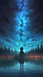 Rule 34 | 1girl, absurdres, feet in water, forest, highres, lake, landscape, nature, night, night sky, original, pasoputi, pine tree, scenery, school uniform, sky, star (sky), starry sky, tree, twintails, wading, water