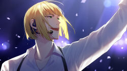 Rule 34 | 13 (bbr584607091), 1boy, alternate costume, arm up, backlighting, blonde hair, bob cut, collared shirt, commentary, confetti, gradient background, green eyes, highres, long sleeves, looking to the side, male focus, microphone, music, open mouth, purple background, rook hunt, shirt, singing, solo, symbol-only commentary, twisted wonderland, upper body, white shirt