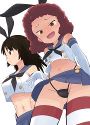 Rule 34 | 10s, 2girls, black hair, black neckerchief, black panties, blouse, blush, brown eyes, closed mouth, cosplay, crossover, elbow gloves, from below, girls und panzer, gloves, groin, hair ornament, hair ribbon, highleg, highleg panties, highres, kantai collection, looking at viewer, microskirt, midriff, miniskirt, multiple girls, murakami (girls und panzer), navel, neckerchief, ogihara mach, open mouth, panties, red hair, ribbon, rumi (girls und panzer), school uniform, serafuku, shimakaze (kancolle), shimakaze (kancolle) (cosplay), shirt, simple background, skirt, standing, striped legwear, sweat, thighhighs, underwear, upskirt, white background, white gloves, white shirt