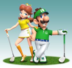Rule 34 | 1boy, 1girl, belt, blue eyes, breasts, brown hair, crown, earrings, facial hair, flower earrings, full body, gloves, golf club, grin, hand on another&#039;s shoulder, hat, highres, jewelry, looking at another, luigi, mario (series), mario golf, mario golf: super rush, mustache, nintendo, princess daisy, skirt, small breasts, smile, standing, tomboy