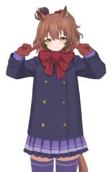 Rule 34 | 1girl, animal ears, aston machan (umamusume), blue coat, brown hair, buttons, coat, commentary, cowboy shot, crown, double-breasted, gloves, green eyes, hair between eyes, hair ornament, hair scrunchie, highres, horse ears, horse girl, horse tail, katuko deluxe, long sleeves, looking at viewer, mini crown, pointing, pointing at self, purple skirt, purple thighhighs, red gloves, red scarf, red scrunchie, scarf, school uniform, scrunchie, side ponytail, simple background, skirt, smile, solo, standing, tail, thighhighs, tracen school uniform, tracen winter coat, umamusume, white background
