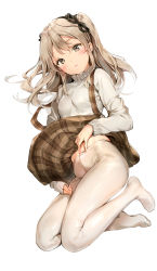 Rule 34 | 1girl, absurdres, anmi, black ribbon, blush, breasts, clothes lift, crotch seam, feet, full body, girls und panzer, grey shirt, grey sweater, hair ribbon, head tilt, highres, lifting own clothes, long hair, long sleeves, looking at viewer, navel, no panties, no shoes, pantyhose, ribbon, shimada arisu, shirt, simple background, skirt, skirt lift, sleeves past wrists, small breasts, solo, suspender skirt, suspenders, suspenders slip, sweater, tareme, two side up, white background, white pantyhose
