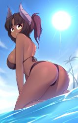 Rule 34 | 1girl, absurdres, ass, bikini, blue sky, blush, breasts, brown hair, commission, dark-skinned female, dark skin, day, fizintine, highres, horns, large breasts, looking at viewer, original, outdoors, parted lips, short hair, short ponytail, sideboob, sky, solo, sun, swimsuit, thong bikini, water, yellow eyes