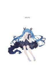 Rule 34 | 1girl, bare legs, barefoot, black dress, blue eyes, blue hair, copyright name, dress, expressionless, full body, half-closed eyes, hands up, hatsune miku, highres, long hair, looking at viewer, own hands together, parted lips, shinkai shoujo (vocaloid), simple background, solo, song name, spencer sais, twintails, very long hair, vocaloid, white background