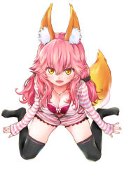 Rule 34 | 1girl, animal ear fluff, animal ears, black thighhighs, blush, bra, breasts, casual, cleavage, collarbone, commentary, commentary request, fate/extra, fate/grand order, fate (series), fox ears, fox girl, fox tail, jewelry, large breasts, long hair, looking at viewer, looking up, nail polish, necklace, official alternate costume, open mouth, pink bra, pink hair, qta, sitting, solo, tail, tamamo (fate), tamamo no mae (fate/extra), tamamo no mae (spring casual) (fate), thighhighs, twintails, underwear, yellow eyes