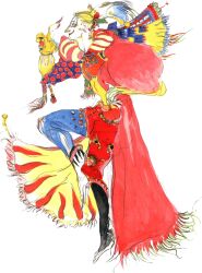 1990s_(style) 1boy amano_yoshitaka blonde_hair blue_pants cape cefca_palazzo final_fantasy final_fantasy_vi official_art pants retro_artstyle solo solo_focus transparent_background