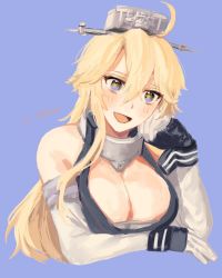 Rule 34 | 1girl, blonde hair, blue background, blue eyes, breast rest, breasts, elbow gloves, fingerless gloves, front-tie top, gloves, hair between eyes, headgear, highres, iowa (kancolle), kantai collection, large breasts, nidou, simple background, solo, star-shaped pupils, star (symbol), symbol-shaped pupils, upper body