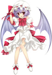 Rule 34 | 1girl, adapted costume, bad id, bad pixiv id, bare shoulders, bat wings, bow, dress, female focus, hat, large bow, purple hair, red eyes, remilia scarlet, ribbon, short hair, smile, solo, touhou, white dress, wings, wrist ribbon, yumesato makura