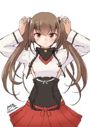 Rule 34 | 1girl, alternate hairstyle, bike shorts, brown eyes, brown hair, corset, cowboy shot, dated, headband, headgear, highres, kantai collection, long sleeves, looking at viewer, owa (ishtail), red skirt, shirt, skirt, solo, taihou (kancolle), twintails, twitter username