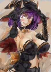 Rule 34 | 1girl, alternate costume, animal ears, armpits, bare shoulders, black gloves, blush, bow, bowtie, breasts, brown background, cleavage, clothing cutout, costume, elbow gloves, fake animal ears, fang, gloves, hat, large breasts, looking at viewer, navel cutout, open mouth, orange bow, orange bowtie, purple hair, red eyes, smile, solo, star (symbol), touhou, upper body, witch hat, yasaka kanako, yohane