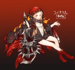 Rule 34 | blonde hair, boots, breasts, cleavage, cloak, cross-laced footwear, highres, hood, hood up, lace-up boots, long hair, red riding hood (sinoalice), sinoalice, sword, weapon